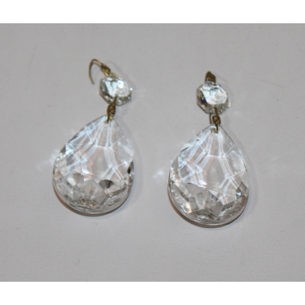 set of 10 vintage chandelier prisms clear glass teardrop faceted 2-piece - Picture 11 of 13